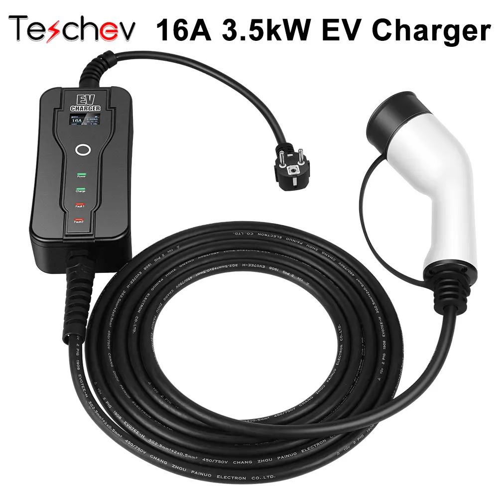 

Teschev 230V EV Charger Type 2 Portable 3.5KW 220V Level 2 EVSE 8A 10A 13A 16A Type 1 Fast Charing Cable For Electric Car