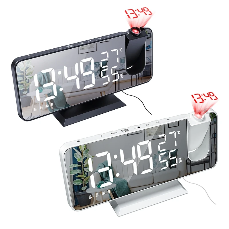 

2 Pcs Projection Alarm Clock With FM Radio, Temperature Monitor, Clear Big Digit, Bedrooms Ceiling, Black & White