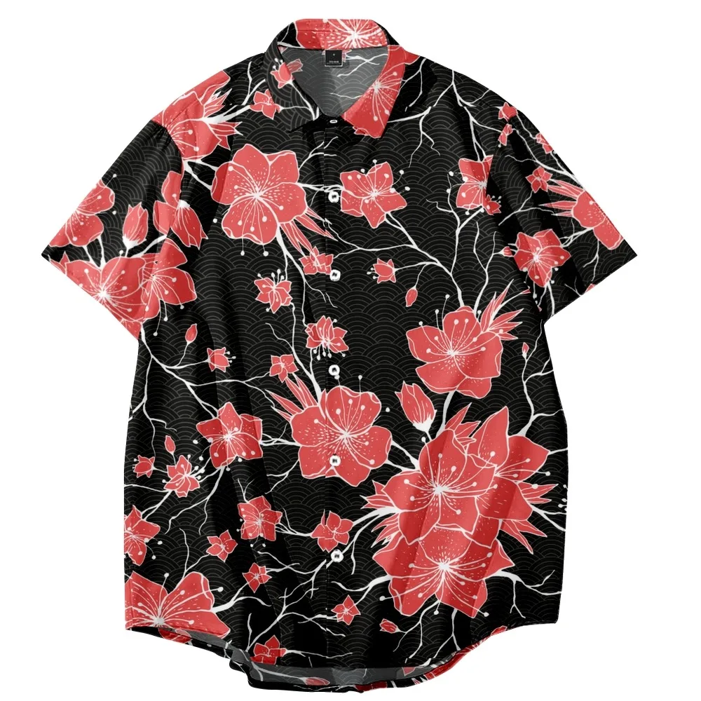 

2022 Cherry blossoms Print Loose Thin Shirt Beach Couple Hawaiian Style Short Sleeve Versatile Shirt