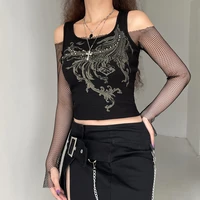 weiyao grunge print y2k tank top vintage aesthetic black cropped vest female streetwear off shoulder slim goth sweats tops