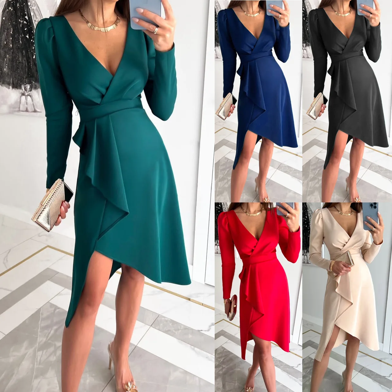 

2022 New Women Solid Color Dress Long Sleeves Sexy V-neck Dress Fashion Europe And America Dress 5 Colors Drop Shipping