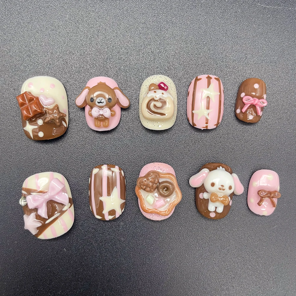 Фото Накладные ногти Kawaii с дизайном кролика, медведя, шоколадного крема, короткие, круглые, милые, розовые, в стиле сладкого печенья, 3D, с мультяшными куклами №4