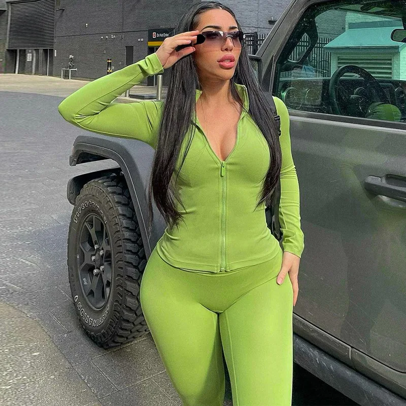 

Женский спортивный костюм из двух предметов, женская спортивная одежда, облегающий пиджак на молнии и брюки, сексуальные комплекты одежды