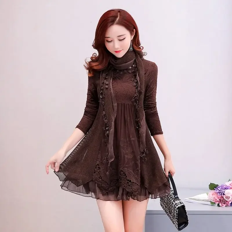 Рубашка женская кружевная с круглым вырезом Элегантная блузка длинным рукавом в