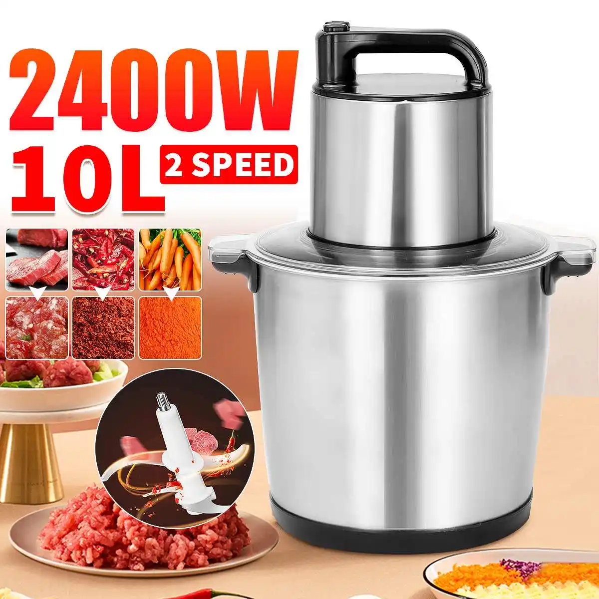 

New 2400W 10L Electric Meat Grinder Commercial Stainless Steel Food Grinding Machine Minced Vegetable Meat Garlic Ginger Pepper