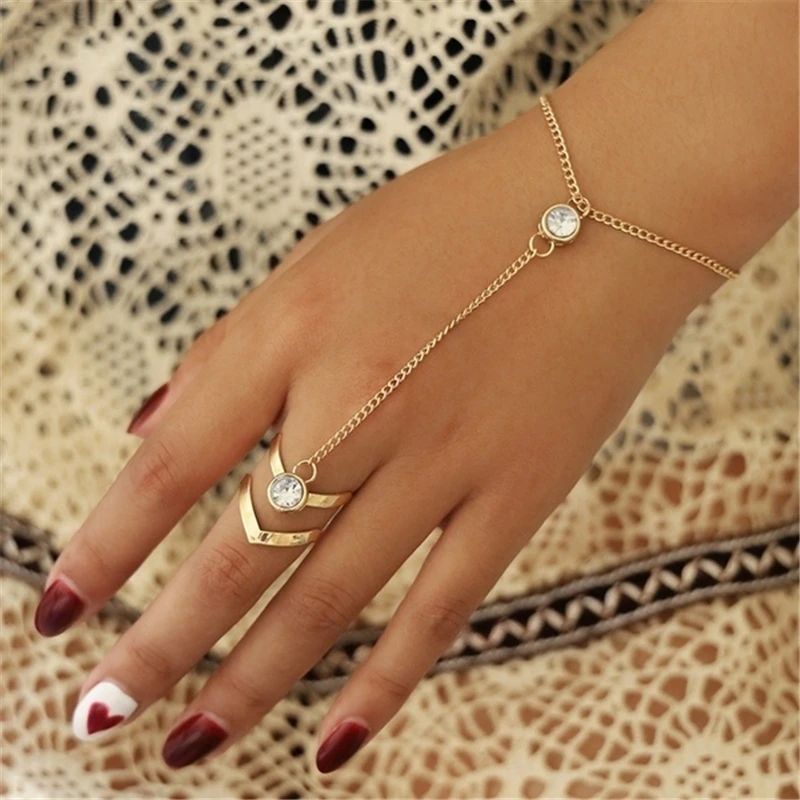 

Punk Link Chain Ring Connected Bracelets Gold Color Metal Finger Ring Bracelets Hand Harness Fashion Jewelry Women