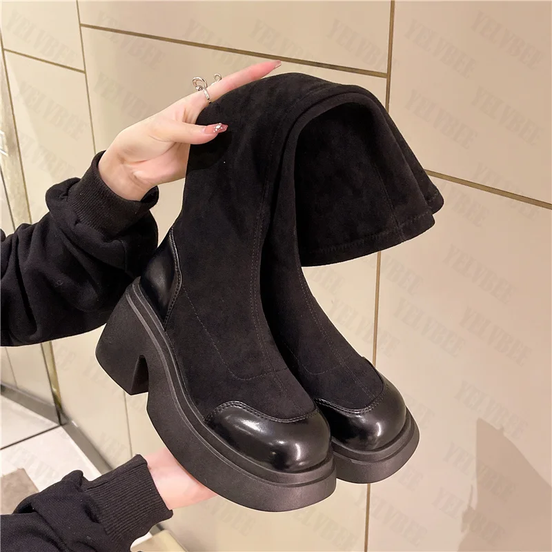 

Black Suede Long Women Boots Winter New 2022 Knee High Chunky Mid Heels Chelsea Women Shoes Casual Motorcycle Platform Botas