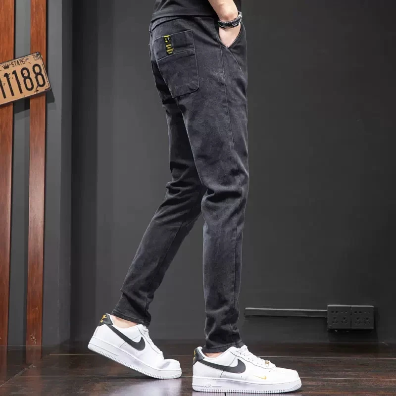 Men's Elastic Waist Black Jeans Casual Slim Fit Pencil Pants Fashion Korean Style Drawstring Denim Trousers CP2181