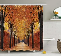 autumn shower curtain pathway in the woods covered dried deciduous tree leaves romantic fall season cloth fabric bat