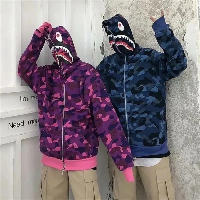

BapeS Shark Hoodie Fashion Hip Hop Camouflage Couple Sweatshirt Oversize Zipper Hoodies Women Men Autumn Winter Hooded Jacket