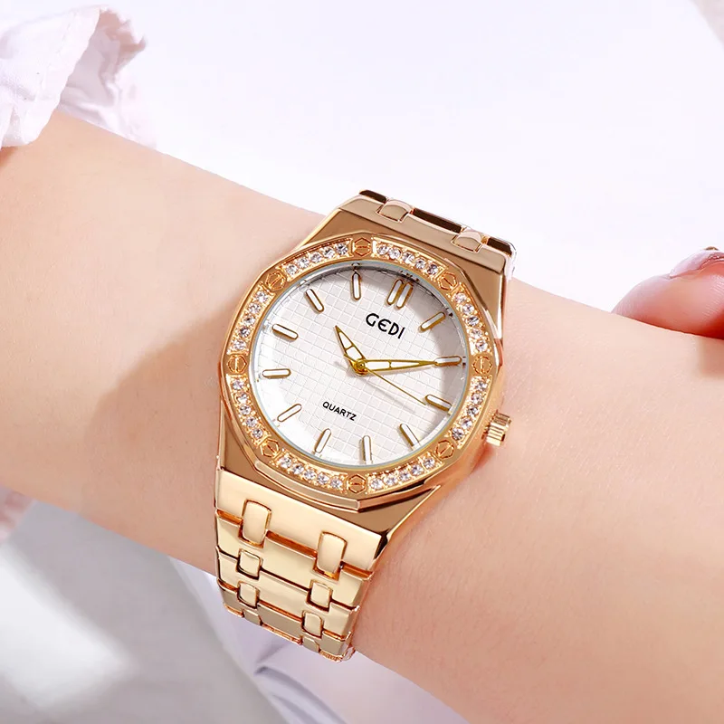 GEDI Golden Women Watches Luxury Brand Waterproof Diamond Stainless Steel Quartz Watch for Women New Trend Elegant Ladies Clock