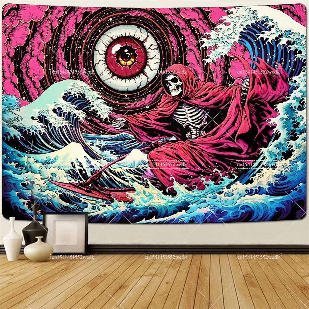 Готический настенный гобелен с черепом и волнами в японском стиле