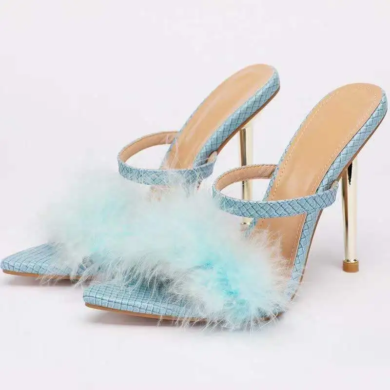 

DOGHC 2022 Sexy Furry Thin High Heels Sandals Slippers Outside Fashion Shallow Ladies Pointed Toe Elegant Slip-On Solid Party