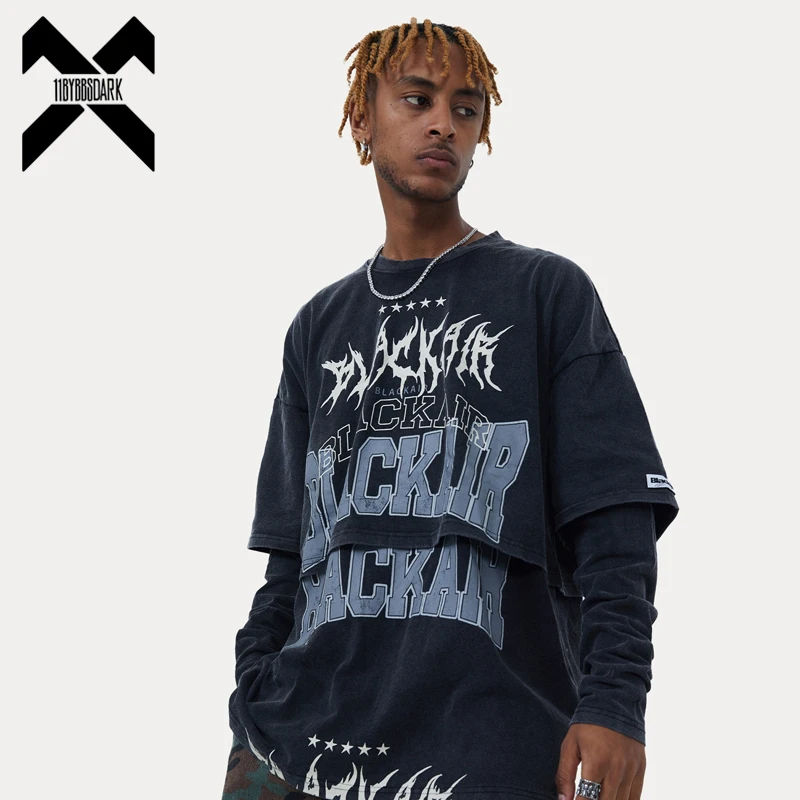 

Hip Hop Long Sleeves T-Shirt Mens Vintage Loose Fake Two Pieces T Shirt 2022 Autumn Streetwear Cotton Harajuku Tops Clothes