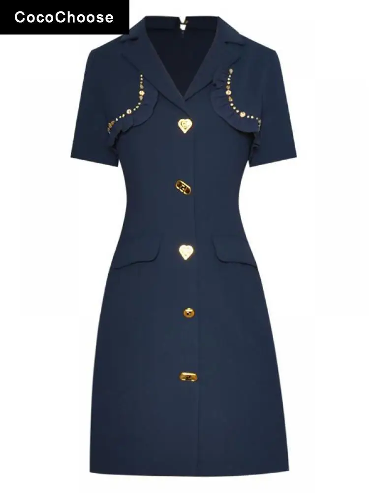 

Preppy Style Women Mini Dress Spring Summer 2022 Fashion Short Sleeve Luxury Beading Notched Collar Business Office Dresses Navy