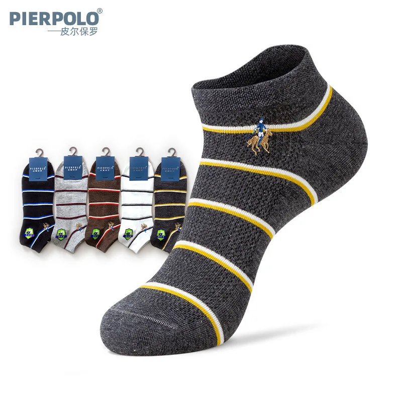 Pierpolo spring leisure invisible socks sports combed cotton short socks men's Embroidery men's boat socks wholesale