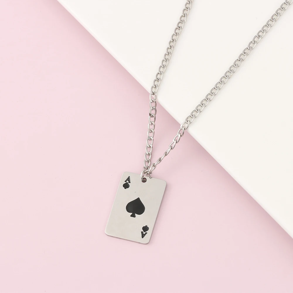 Hip Hop Stainless Seel Black A Playing Cards Pendant for Male Necklace Casino Fortune Playing Cards Jewelry Korea Kpop Gift