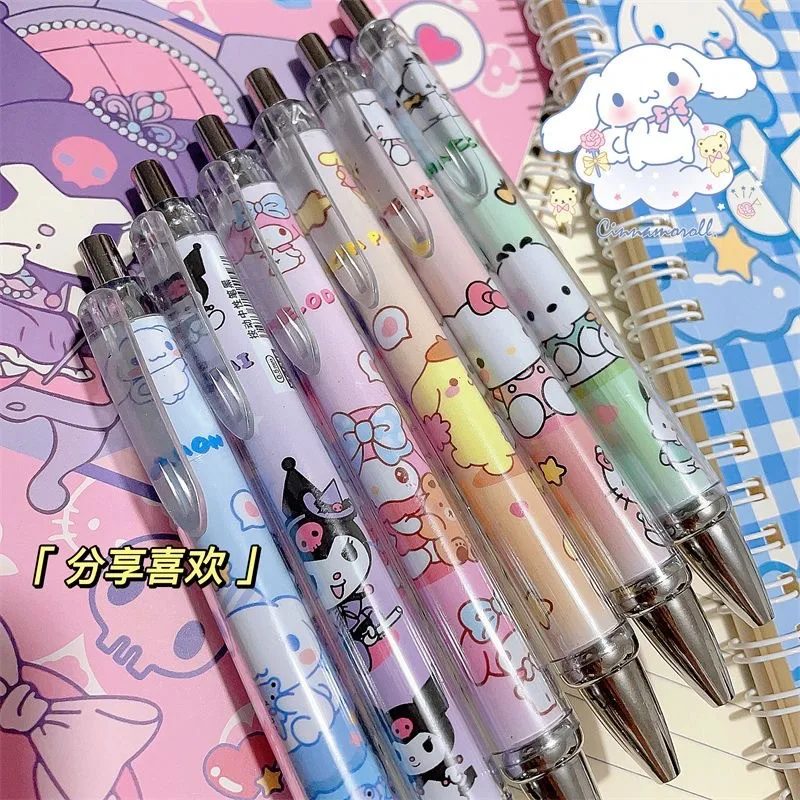 

Ручка Sanrio с Hello Kitty Melody Kuromi, 6 шт., школьные принадлежности, 0,5 черная нейтральная ручка, перьевая ручка, высококачественный подарок для девушк...