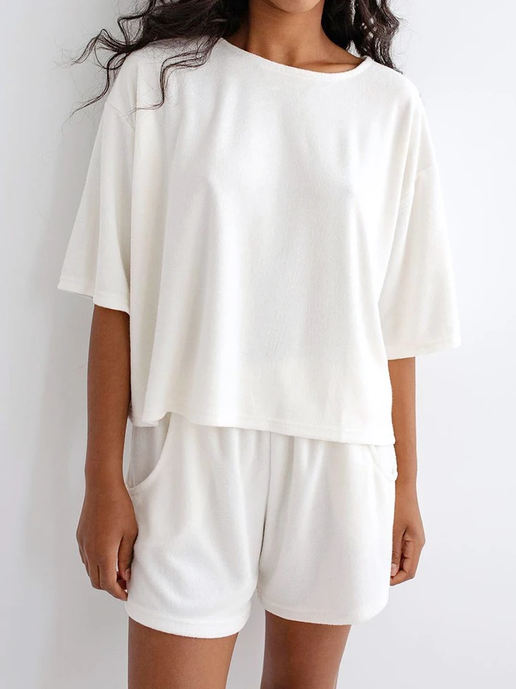 

Linad вязаная женская ночная рубашка белая с коротким рукавом и круглым вырезом комплект из 2 предметов Пижама женские повседневные Костюмы с ...