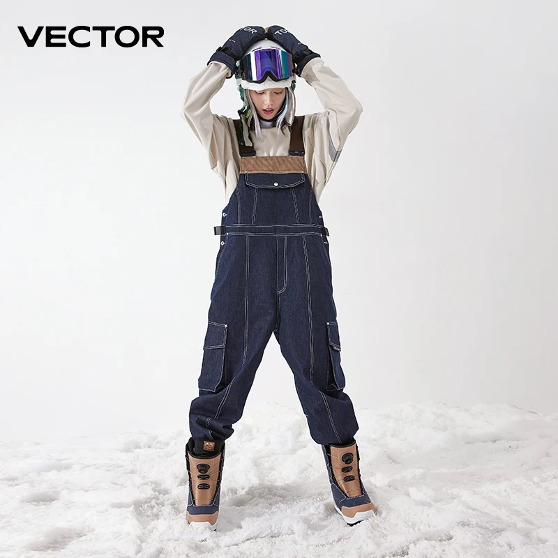 VECTOR Thickened Men's and Women's Denim Strap Pants Wind proof Warm keeping Wear resistant Snowboarding Outdoor Sports