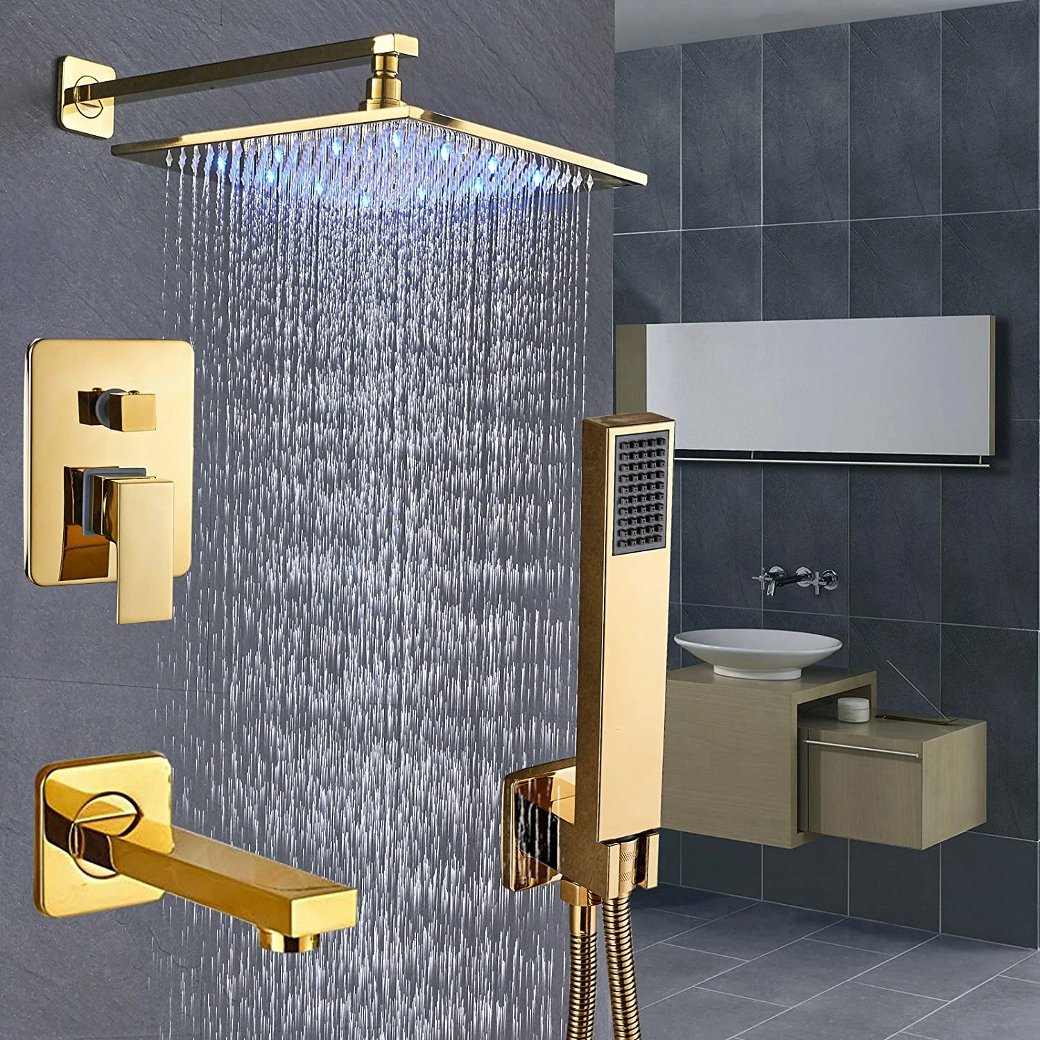 

LED Brushed Gold Shower System Bathroom 12 Inches Brass Rain Shower Head with Handheld Combo Set