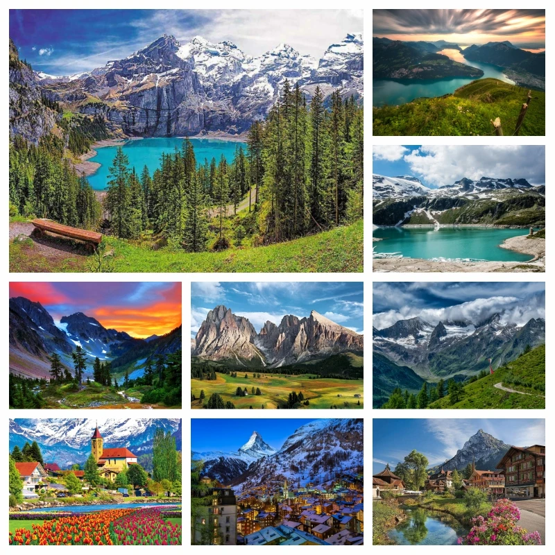 

Озерная Оска, Альпы, свиттерские земли, фотомозаика, набор швейцарских гор, топ, пейзаж, вышивка крестиком, настенное искусство, домашний декор
