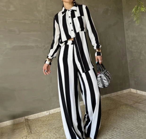 

Women Two Piece Sets Outfit Striped Long Sleeved Shirt with High Waist Wide Legs Pants Set 2023 Autumn Spring New Fashion Casual