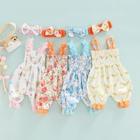 baby girls jumpsuit outfit flowerponycandy printing lace splicing suspender bloomers sleeveless cropped trousers headwear