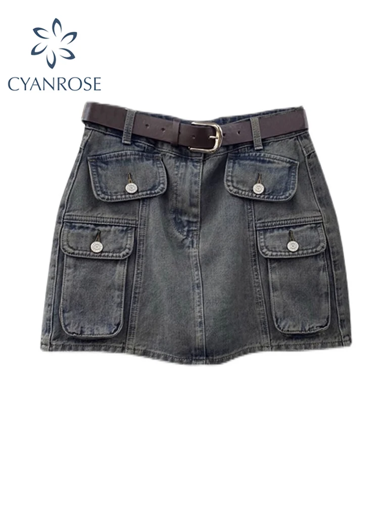 

Women Cargo Denim Skirt Casual Vintage Streetwear Korean Elegant Harajuku Y2k Hight Waisted Grey A-Line Mini Jean Skirt Summer