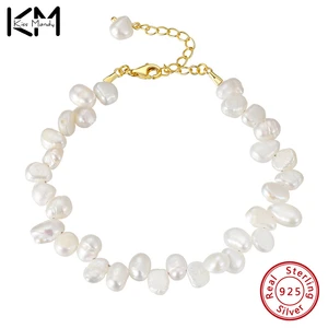 KISS MANDY New Arrival 925 Sterling Silver Yellow Gold Plated Chain Natural Freshwater Pearl Charms Bracelets For Women Girls