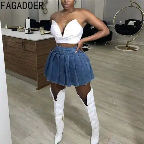 FAGADOER Fashion Streetwear Women Cowboy High Waist Pleated Skirt Summer Solid Color A-line Skirts Casual Female Clothing 2023