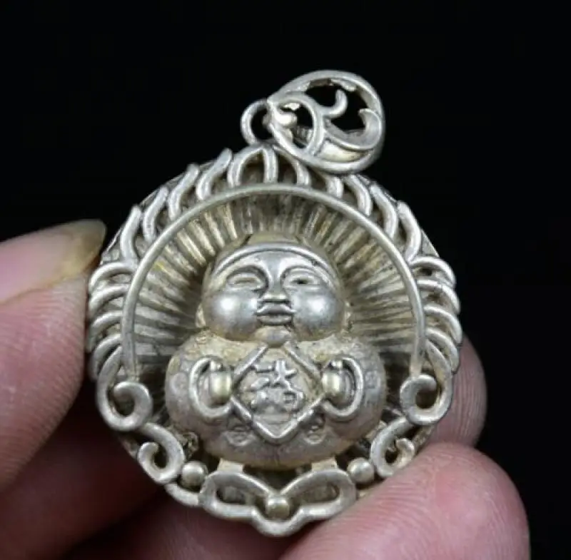 

3.5Cm Rare Old Chinese Miao Silver Feng Shui Tongzi Kid Lucky Pendant Necklace