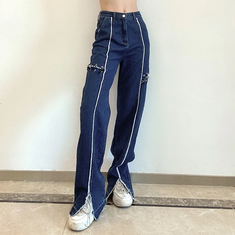 

Women Casual Front Split Wide Leg Denim Pants 2021 High Waist Pant Fashion Jeans Handsome Streetwears Straight Trousers Popular