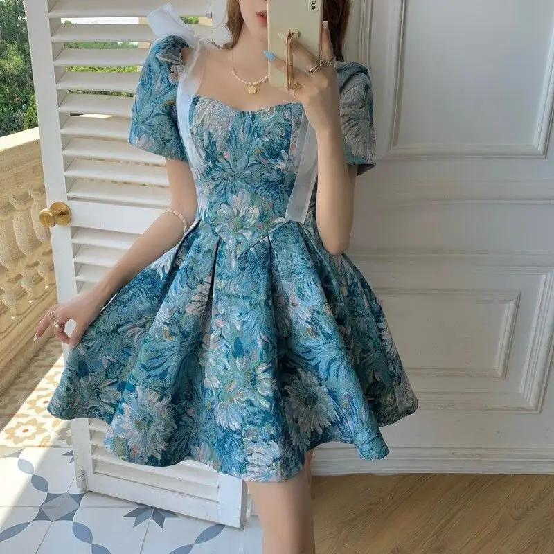 

Women Dress Summer 2022 New Fashion Sexy Slim Fit Floral Print A-line Short Sleeve High Waist Party Maxi Elegant Office Dresses