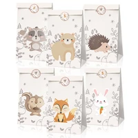lb006 12pcs cartoon woodland animals fox rabbit birthday party paper gift bags biscuit small gifts package kraft paper bag