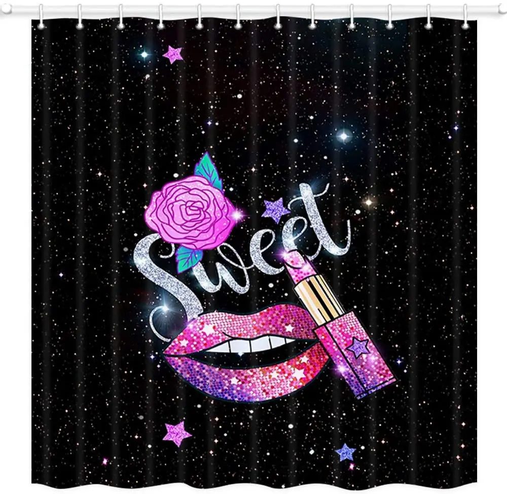 

Woman Lips Shower Curtain Set Female Rose Sweet Lipstick Black Background Curtains Bathroom Decor Polyester Bath Hooks
