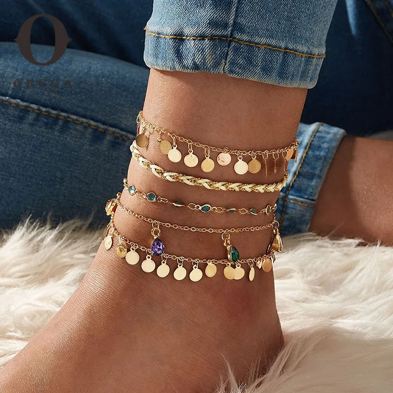 

Obega 5 Pcs/Set Bohemia Vintage Chain Anklet For Women Gold Color Women Ankle Bracelets Set Beach Jewelry Accessories