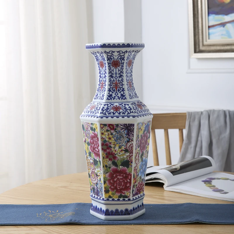 

Antique Ceramic Vase Hexagonal Vase Blue and White Porcelain Jingdezhen Chinese style Living Room Flower Decoration Crafts
