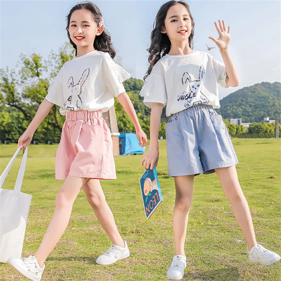 

Летний костюм для девочек, новый детский топ с коротким рукавом + шорты, одежда для девочек из 2 предметов, детская спортивная одежда, повседневные наряды для девочек