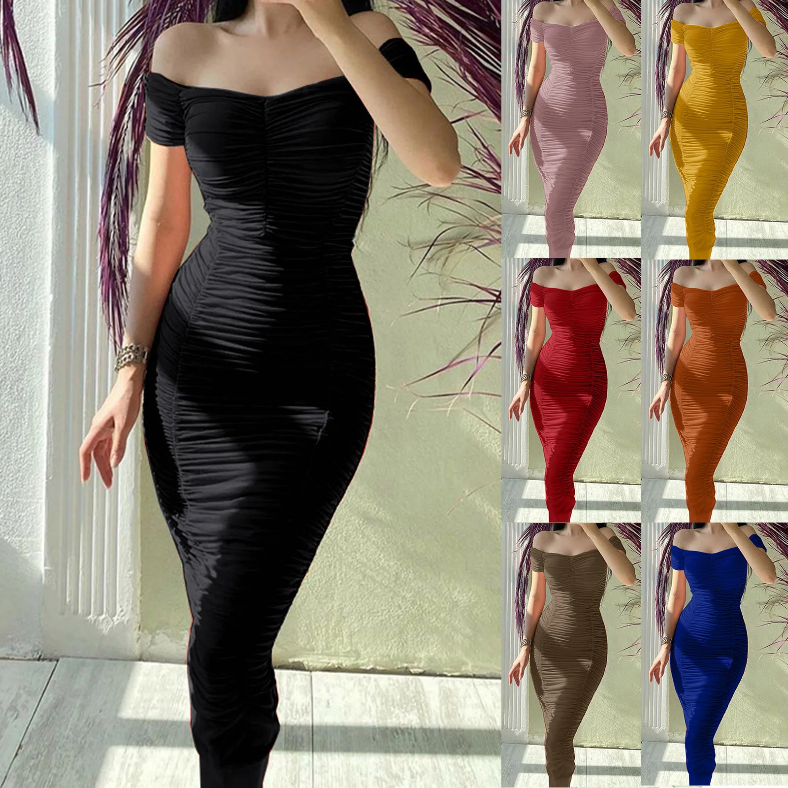 

Ladies Short Sleeve One Shoulder Dress Solid Color Gathered Sexy Slim Dress Fashion Casual Dresses for Women