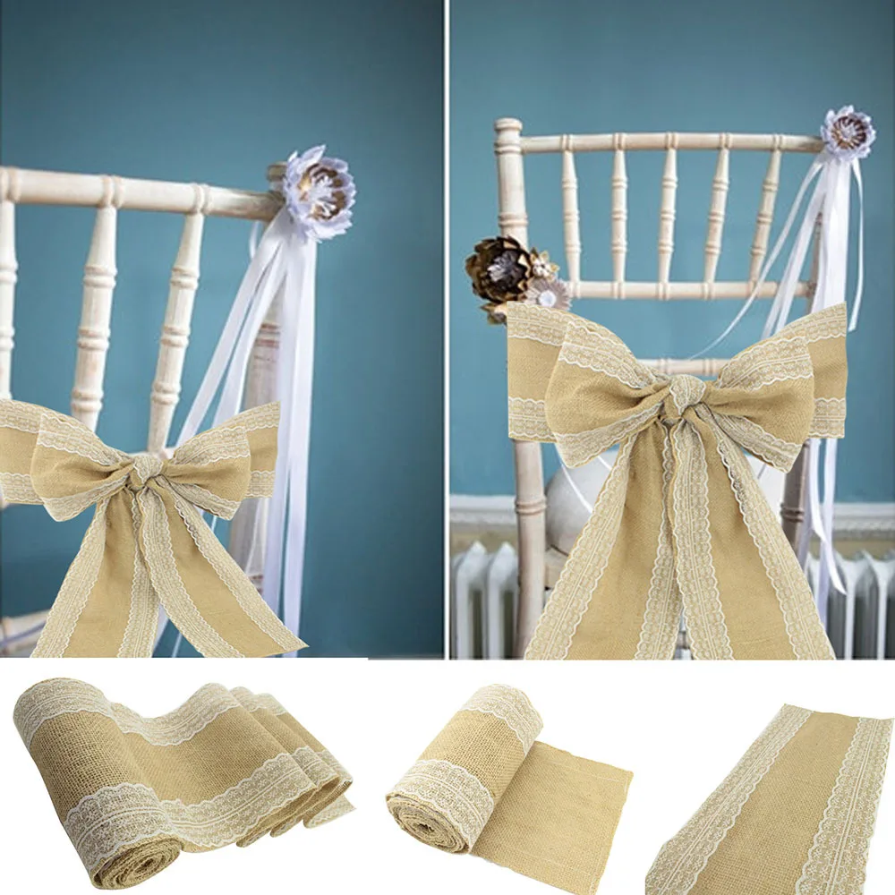 

17cm x 275cm Naturally Vintage Burlap Lace Chair Sashes Jute Chair Tie Bow Bandage Chair Decor for Rustic Wedding Decorations