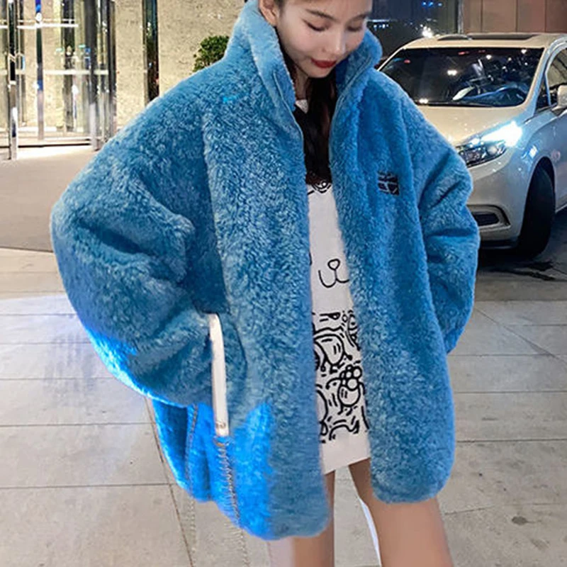 Blue  Coat Women 2022 Hooded Lamb Coat Winter  jacket women  Cotton  Thick （Winter)  Cotton  High Street  Button women