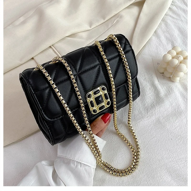 

Luxury Diamond Lattice PU Leather Chain Crossbody Bags For Women Noble Black Lock Shouler Bag Ladies Small Purses and Handbags