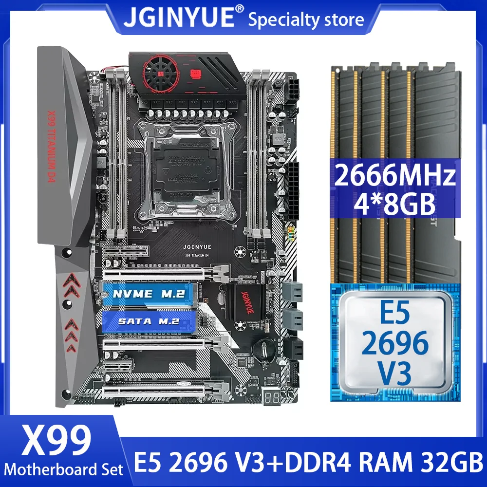 

JINGYUE X99 Motherboard Kit Xeon E5 2696 V3 Kit LGA 2011-3 CPU Processor 32GB=4*8GB DDR4 2666MHz Memory M.2 NVME USB 3.0 X99 D4