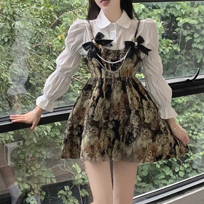

Sweet Lapels Autumn Comfortable Long Sleeves Fashion Solid Color Shirt Chain Pretty Bow Temperament Slip Dress Two-Piece