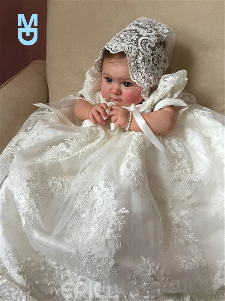 

New Ivory White Long Christening Gown for Baby Girls Lace Pearls Short Sleeve Baptism Dress with Bonnet