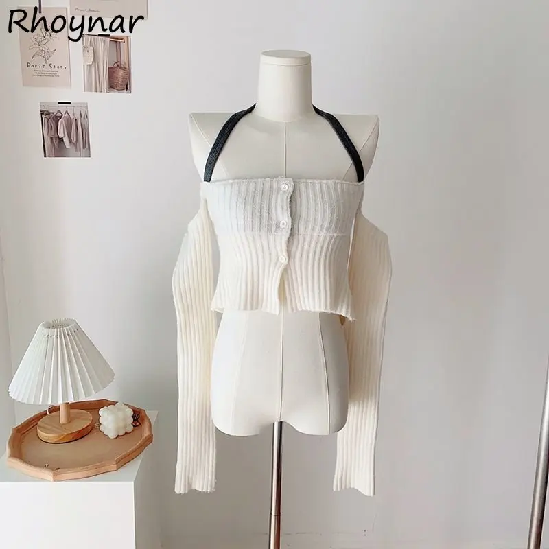 

Halter Knitted T-shirts Women Gentle Backless Chic Leisure Ins Soft Spring Cropped Sexy Designed Sweet Tops Fashion Korean Style