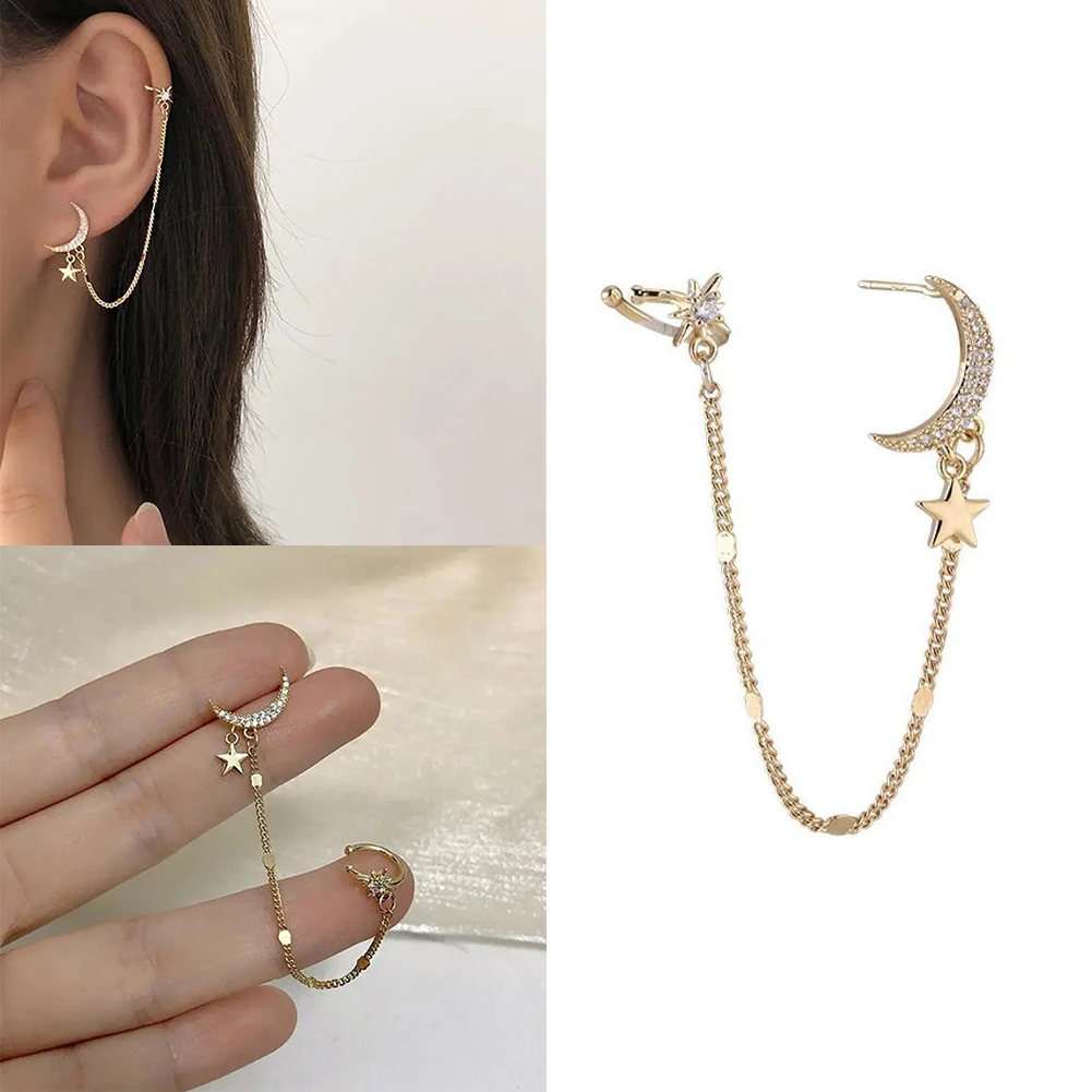 

2022 New Fashion Gold Color Moon Star Clip Earrings For Women Simple Butterfly Fake Cartilage Long Tassel Ear Cuff Jewelry Gift