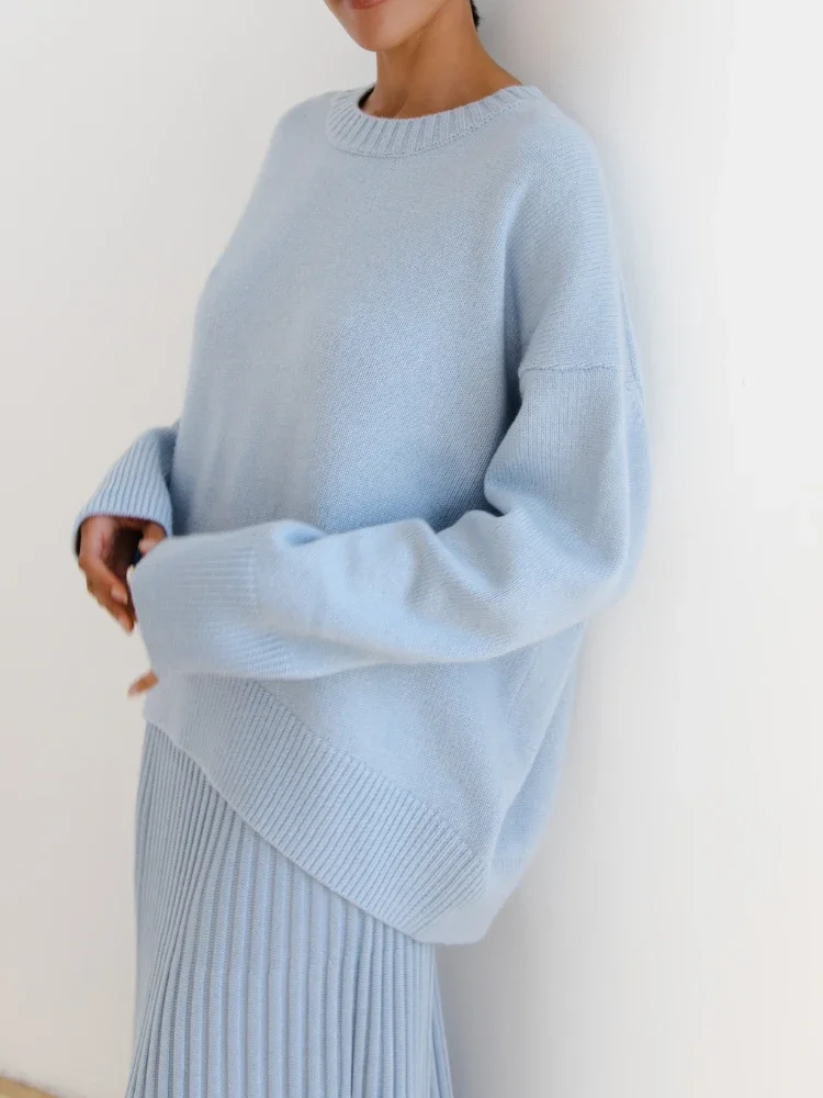 

Autumn Winter Women Knitted Sweater Korean Fashion Loose Pullovers O-Neck Solid Long Sleeved Casual Ladies Oversized Sweater