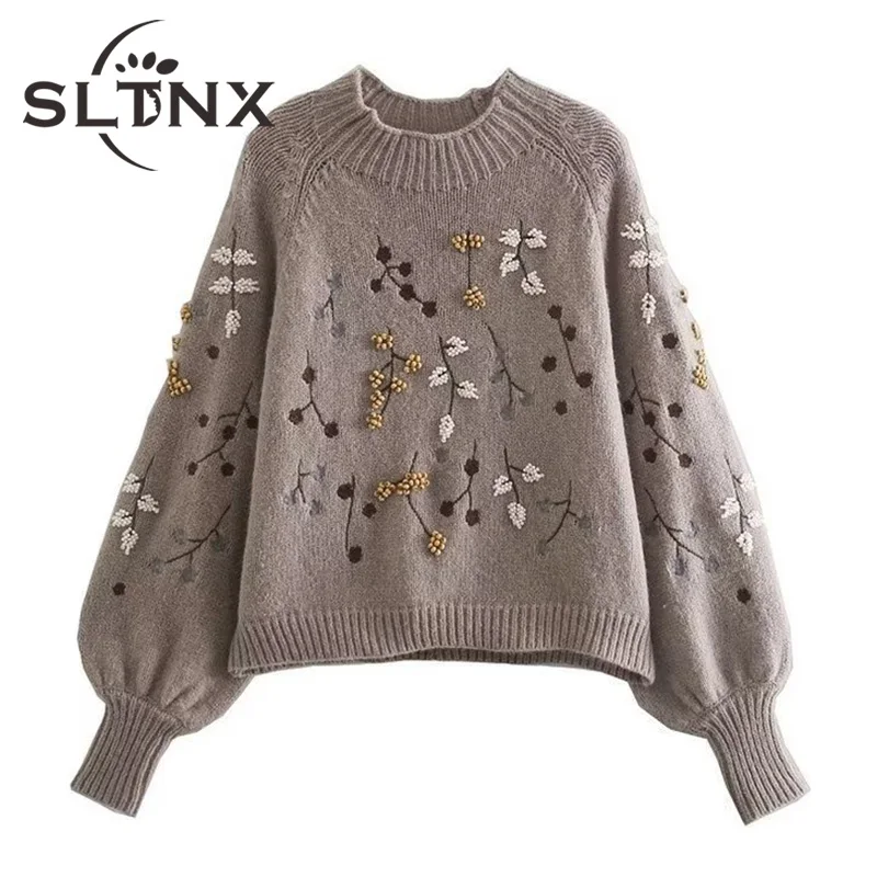 

Женские модные пуловеры SLTNX с вышивкой бисером, вязаный свитер, винтажные женские пуловеры с круглым вырезом и рукавами-фонариками, шикарны...